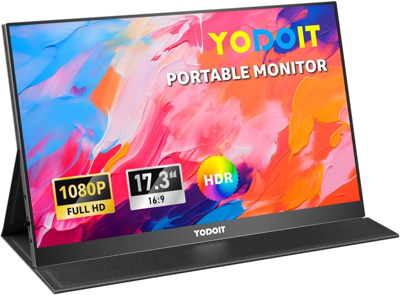 Yodoit Portable Monitor for Laptop 1920×1080 17.3" FHD Screen IPS Display with USB Type C Port, Built-in Speakers and Smart Cover Compatible with PC, MacBook, Xbox (Black) - Image 1